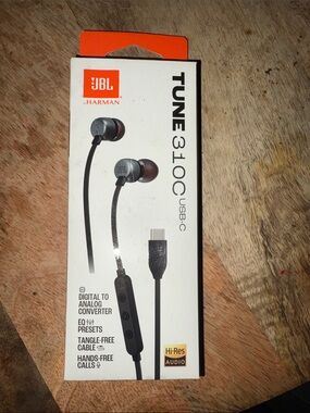 JBL Tune 310C USB-C In-Ear Headphones – Black with Orange Accent Box